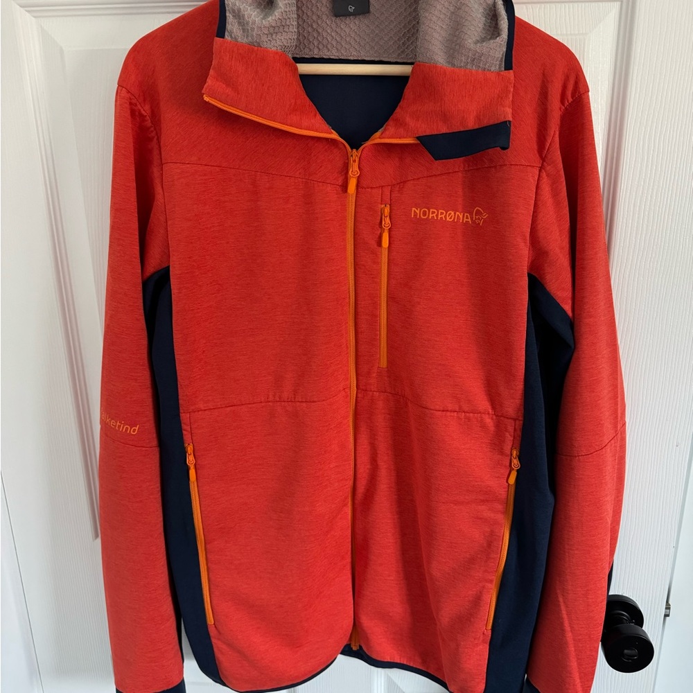 Men’s Norrona Falketind jacket, orange/ navy